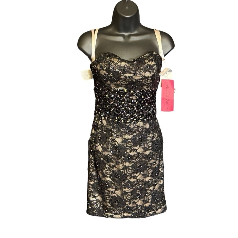 Nos Mori Lee Madeline Gardner Black Strapless Sweetheart Dress Lace Sequin Sz 2